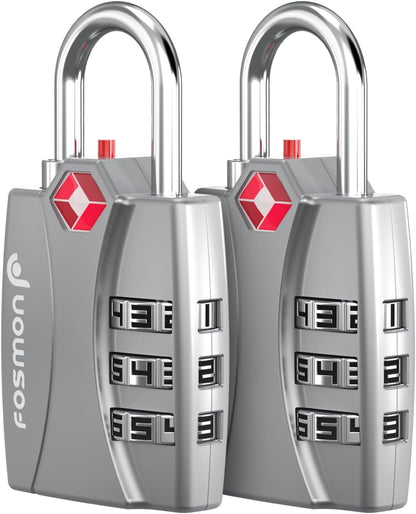 Fosmon TSA Approved Locks for Luggage. Suitcase Locks with Open Alert Indicator, 3 Digit Combination Padlock with Alloy Body for Travel, Backpack Zipper Anti Theft, Locker, Gym- Silver 2 Pack