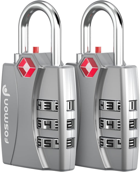 Fosmon TSA Approved Locks for Luggage. Suitcase Locks with Open Alert Indicator, 3 Digit Combination Padlock with Alloy Body for Travel, Backpack Zipper Anti Theft, Locker, Gym- Silver 2 Pack