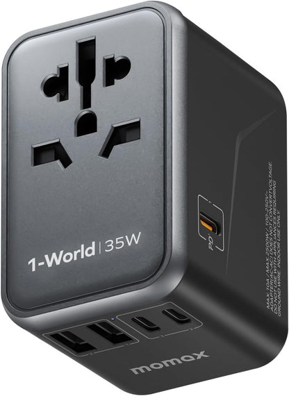 MOMAX Universal Travel Adapter, PD 35W Fast International Power Adapter, 3 USB C & 2 USB A, Worldwide Travel Plug Adapter, International Power Adapter for Europe, USA, Japan, Australia (Type C/A/G/I)