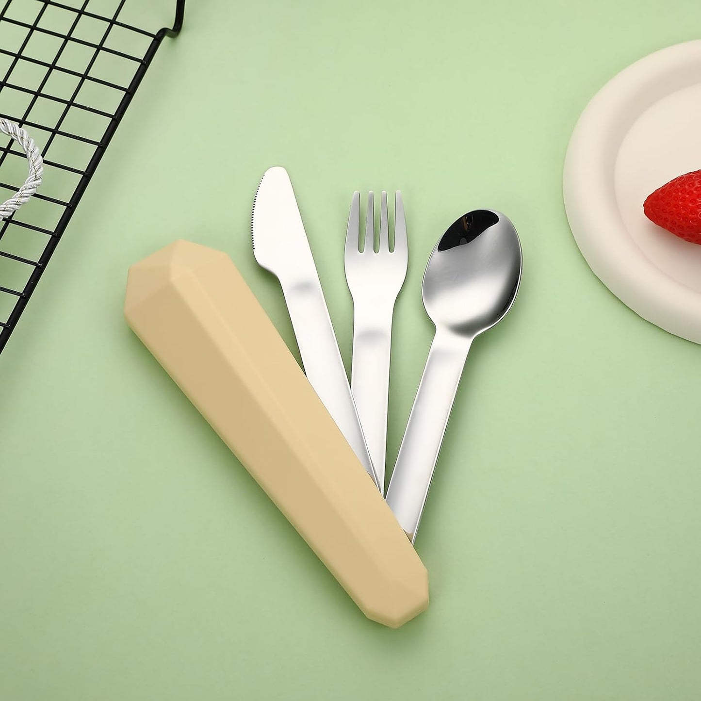 DEVICO Travel Utensils with Case, Reusable Camping Silverware Cutlery, 18/8 Stainless Steel Portable Fork Spoon Knife Set for Lunch Picnic School Workplace (Yellow)