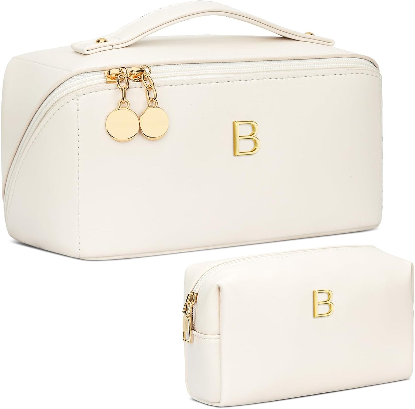 Birthday Gifts for Women Teen Girl, Personalized Initial Makeup Organizer Bag Set, Open Flat Travel Cosmetic Bag With Clear Divider and Handle(Beige,B)