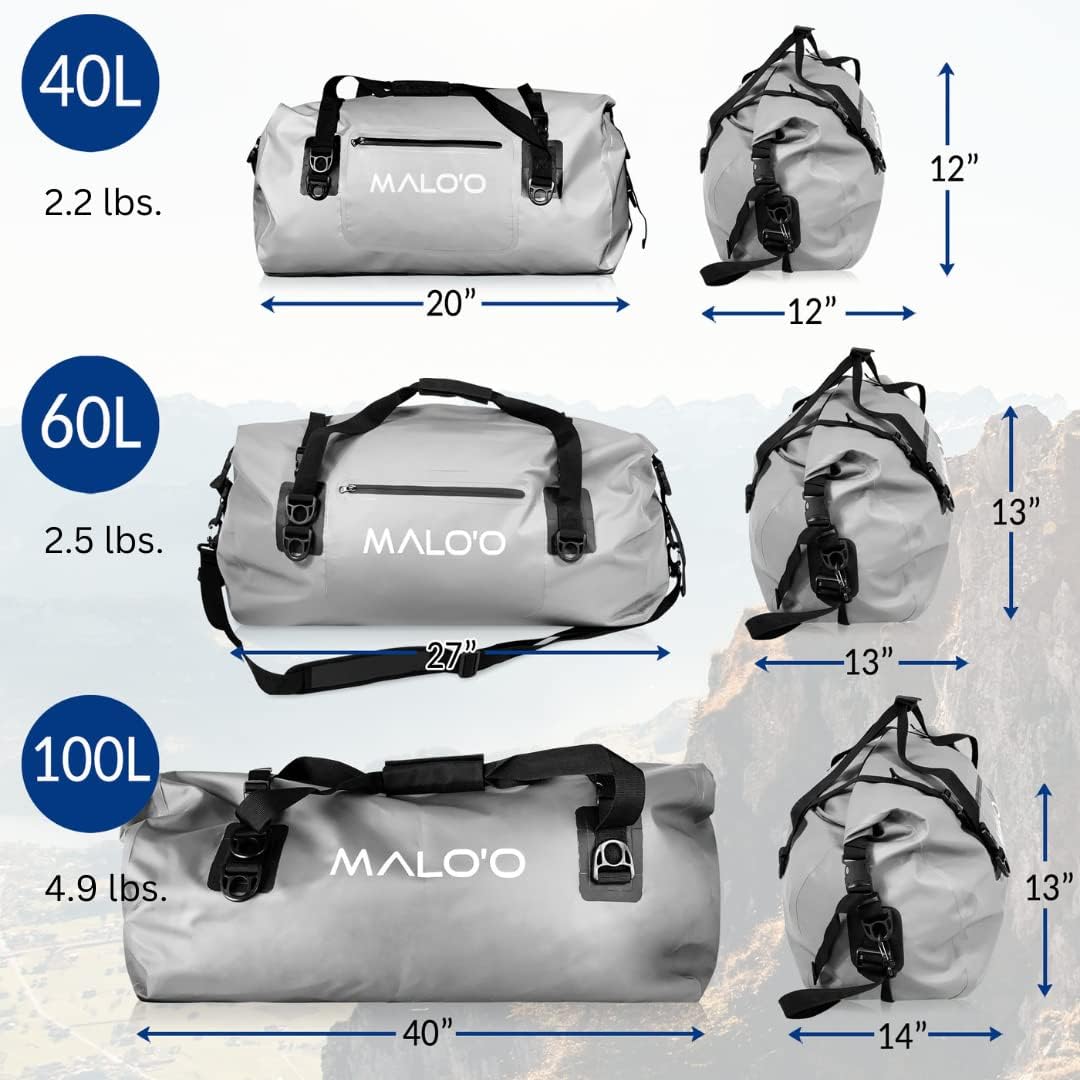 Malo'o Waterproof Dry Bag Duffel 40L/60L/100L, Roll Top Duffel Keeps Gear Dry for Kayaking, Rafting, Boating, Swimming, Camping, Hiking, Beach, Fishing - Internal & External Pockets and Molle Loops