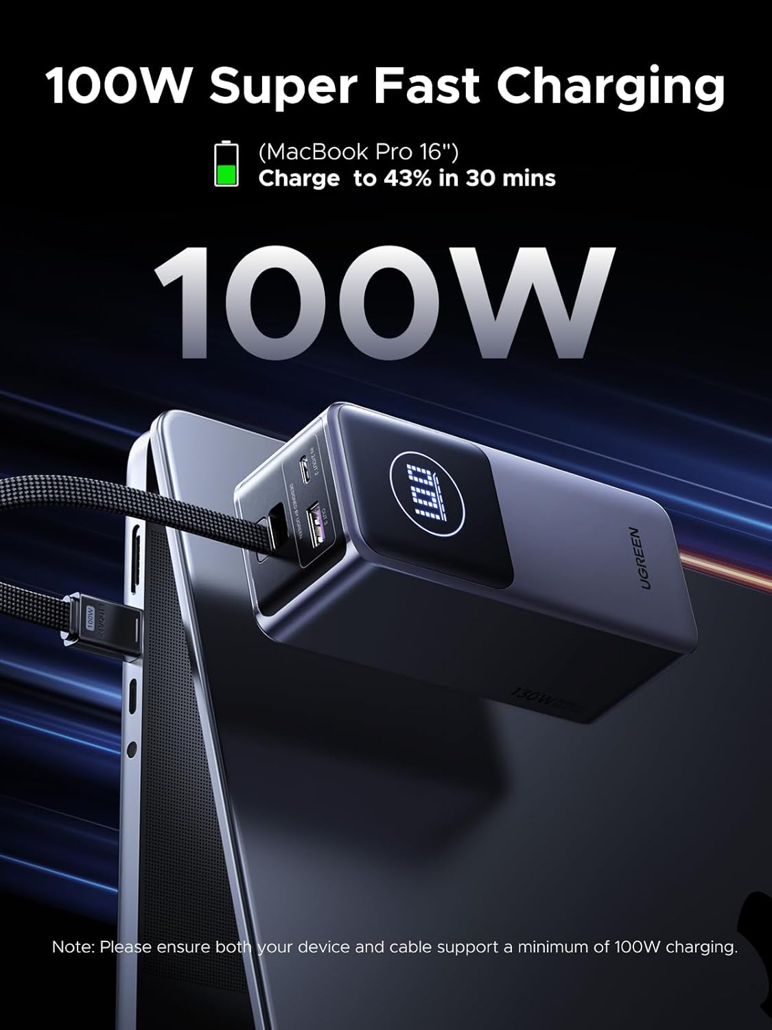 UGREEN Nexode Power Bank 20000mAh 130W with Built-in USB C Cable Laptop Travel Portable Charger, 80W Input, Fast Charging for MacBook Pro/Air/iPhone 16/iPad Pro/Galaxy S25 Ultra/Dell/HP and More