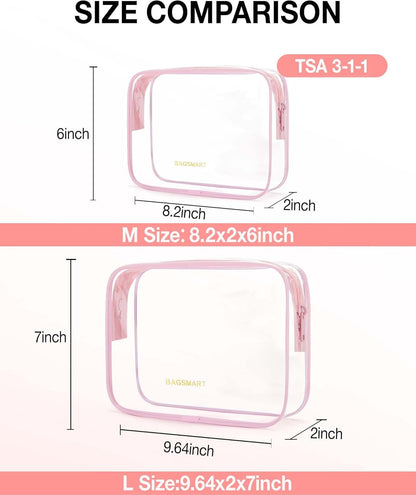 BAGSMART Clear Toiletry Bag, 2 Packs TSA Approved Water Resistant Quart Size Travel Organizer, 2 Sizes Airport Airline Travel Essential Carry On Makeup Cosmetic Bags for Women, Pink