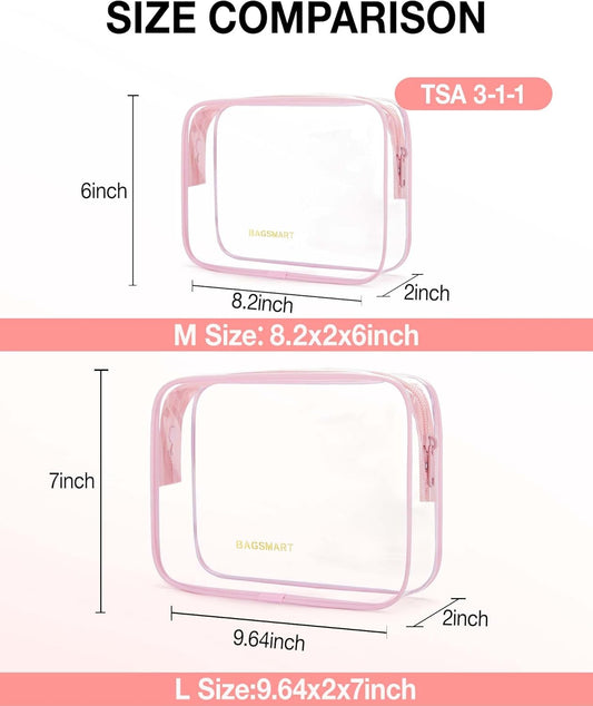 BAGSMART Clear Toiletry Bag, 2 Packs TSA Approved Water Resistant Quart Size Travel Organizer, 2 Sizes Airport Airline Travel Essential Carry On Makeup Cosmetic Bags for Women, Pink