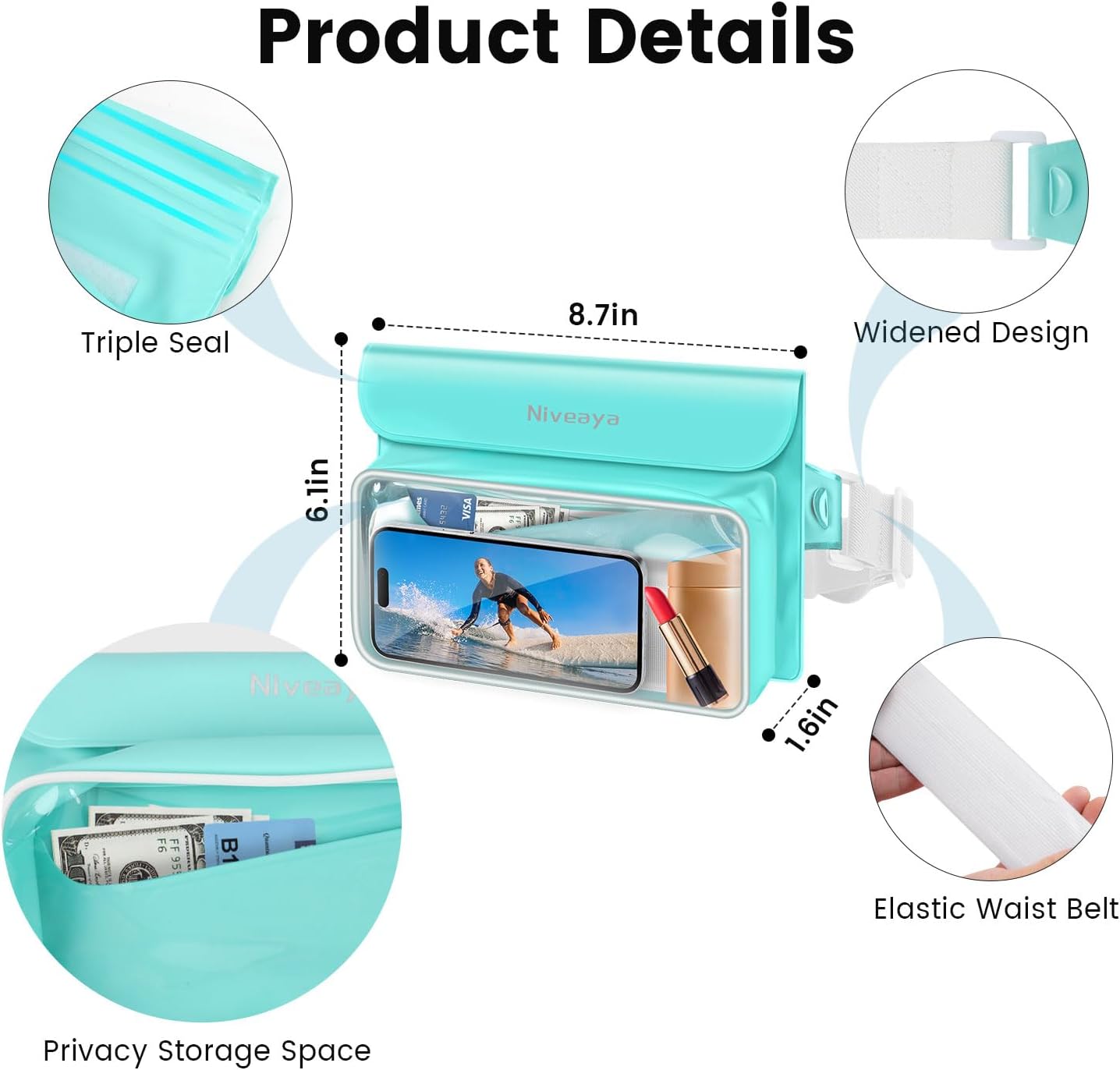 Niveaya IP68 Waterproof Fanny Pack - 2 Pack, Floating Dry Bag Pouch, Phone Waterproof Waist Pouch Dry Bag, Beach, Kayaking, Swimming, Boat Essentials, for iPhone 16/15/14/13/12 Pro Max up to 9.5"