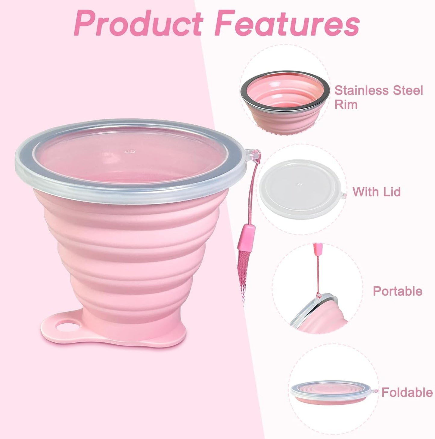 Silicone Collapsible Cup with Lid – Portable Collapsible Travel Cup for Hot and Cold Drinks – Leakproof Collapsible Cups for Camping, Hiking, Office (2 Pack)