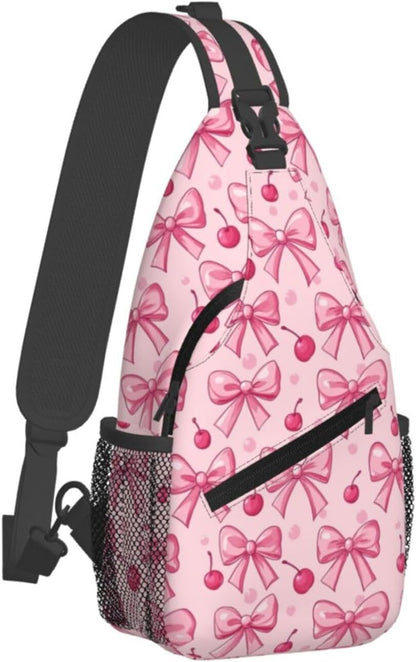 SUPLUCHOM Sling Bag Pink Bows Cherry Hiking Daypack Crossbody Shoulder Backpack Travel Chest Pack for Men Women