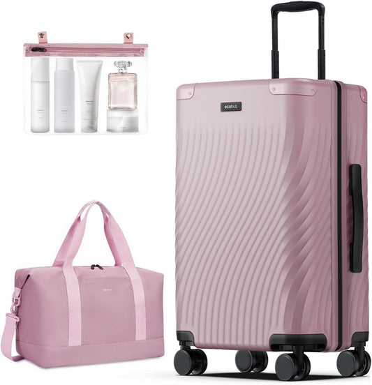 ECOHUB Hardside Expandable Carry On Luggage, Recycled PC 24" Rolling Luggage 26x16x11 Airline Approved with Spinner Wheels & TSA Lock, Lightweight Hardshell Travel Suitcase, 24inch Carry-on Pink