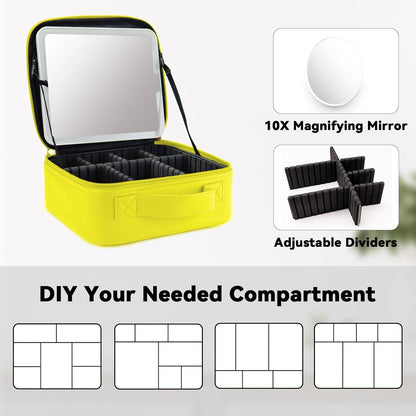Travel Makeup Bag with LED Mirror and 10x magnifying glass with 3 Lighted Settings, Adjustable Dividers and Makeup Brush Storage Bag Yellow