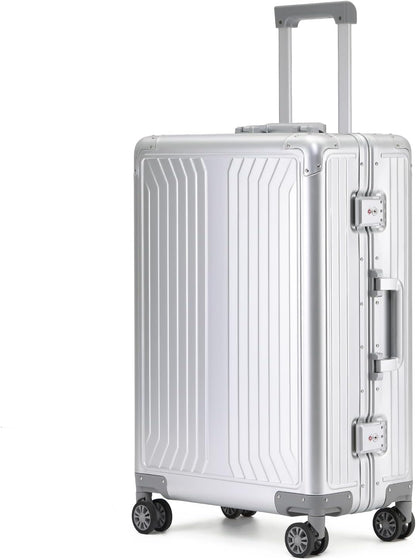Metal all aluminum carry-on suitcase 20 "hard face, TSA lock and rotating wheel zippered luggage set (silvery, 28 '')
