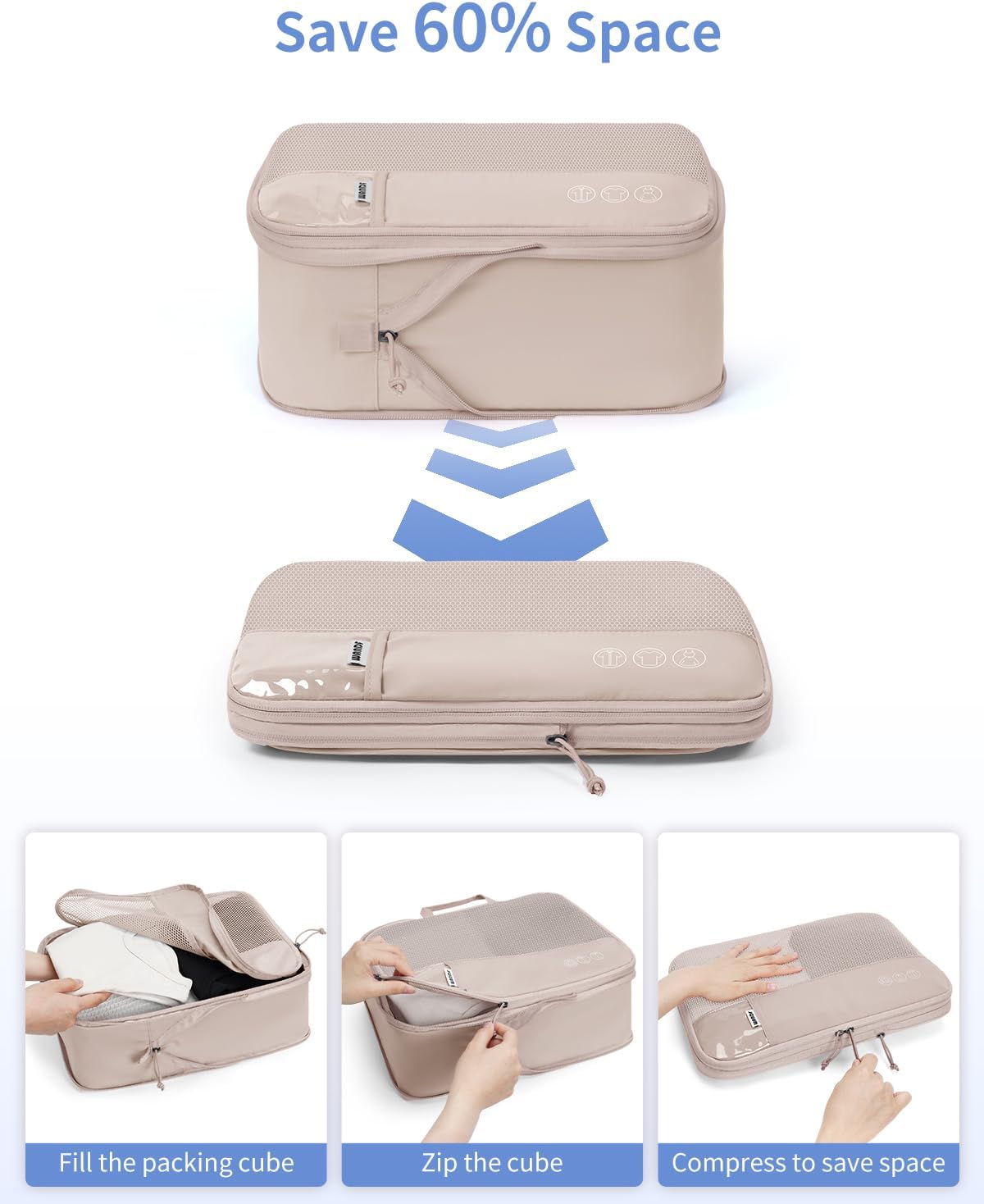 WANDF 7 Set Compression Packing Cubes for Travel, Shirt Folder for Wrinkle-Free, Suitcase Organizer Bags Set for Carry-On Checked Luggage Duffle Bag Women Men(Khaki)