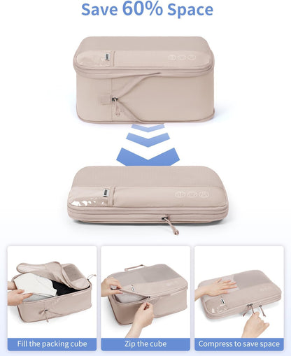 WANDF 7 Set Compression Packing Cubes for Travel, Shirt Folder for Wrinkle-Free, Suitcase Organizer Bags Set for Carry-On Checked Luggage Duffle Bag Women Men(Khaki)