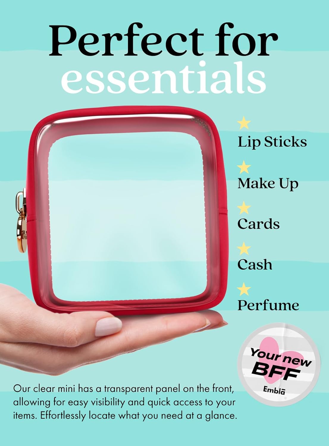 Clear Makeup Bag Zipper Pouch, Transparent Cosmetic Case Organizer, TSA Approved Travel Toiletry Case, Travel Accessories Essentials Makeup Tote for Women, Mini Cute Make up Bag for Purse - Ruby