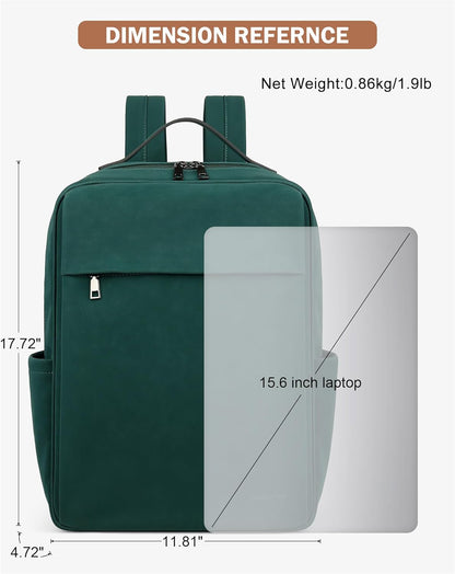 MASINTOR 15.6 inch PU Leather Laptop Backpack Purse for Women, Large College Casual Backpack Travel Bag Retro Green