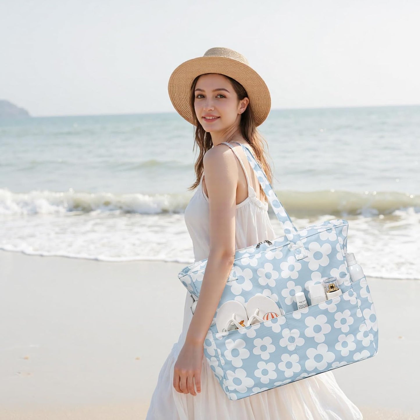 Beach Pool Bags Tote for Women Ladies Large Gym Tote Carry On Bag With Wet Compartment for Weekender Travel Waterproof