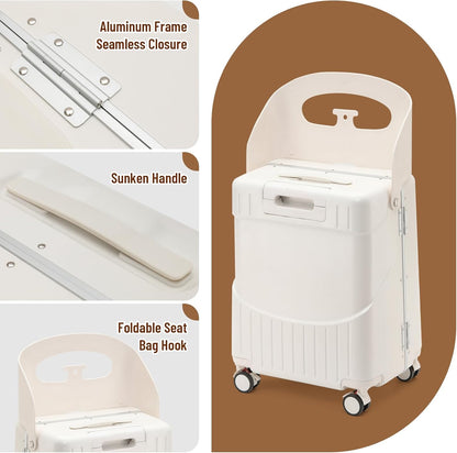 22 Inch TSA Lock Luggage with Seat for Adults and Kids,Check in Lockable Spinner Wheels Suitcase with Belt and Cover (TSA Luggage with Child Seat White)