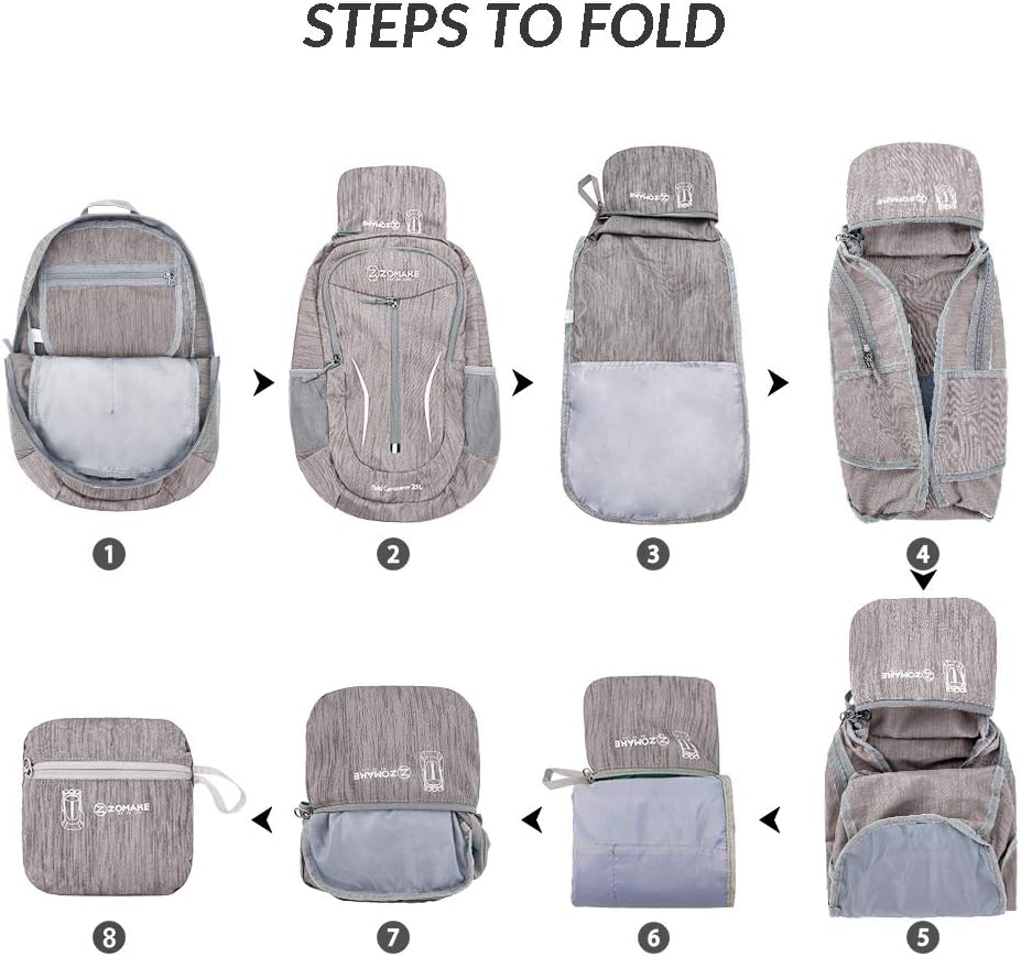 ZOMAKE 25L Ultra Lightweight Packable Backpack, Foldable Hiking Backpacks Water Resistant Small Folding Daypack for Travel(Light Gray)
