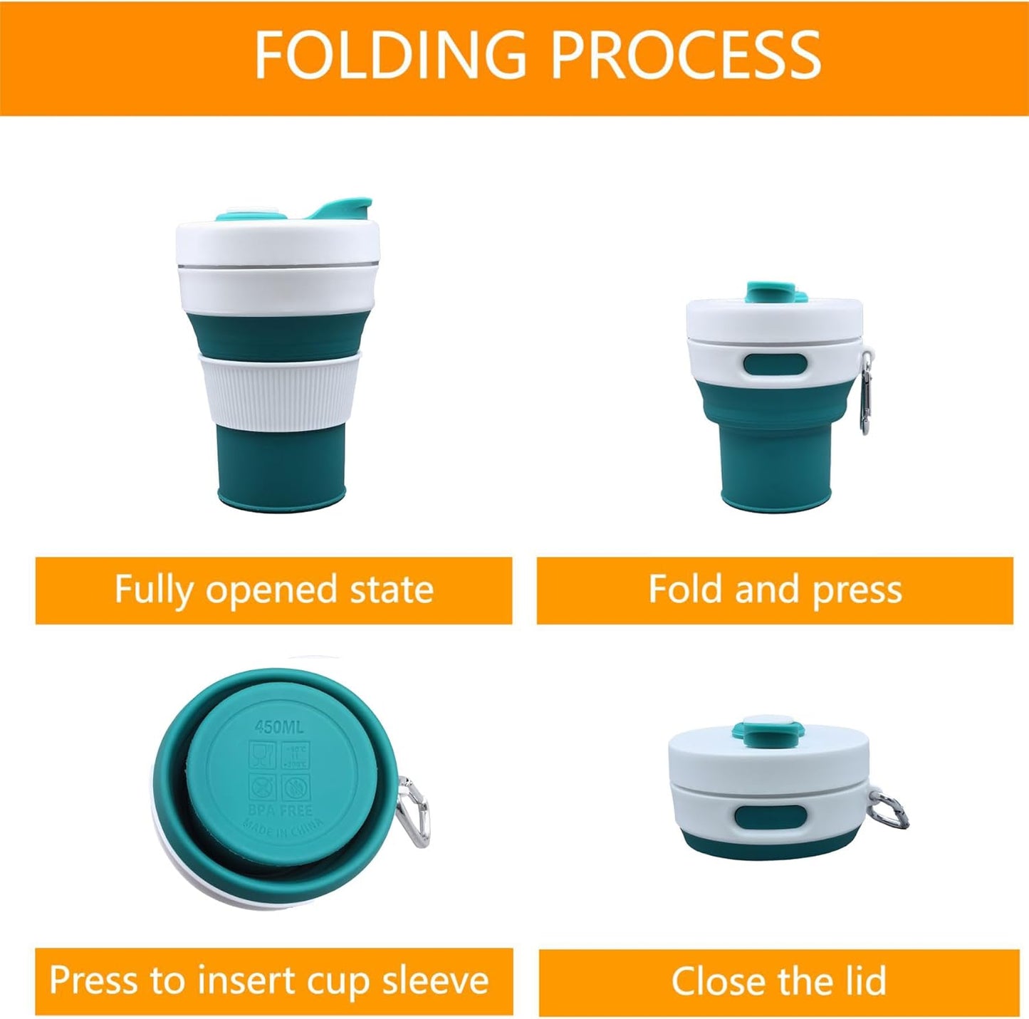 Silicone Collapsible Travel Mug Green 15oz / 450ml - Leak-Proof Reusable Silicone Water Bottle for Hot and Cold Beverages - Travel Office and Home - Dishwasher Safe - Straw Included