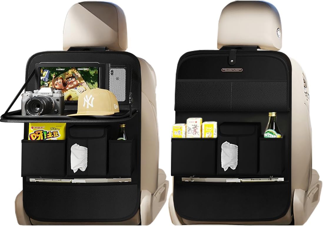Car Seat Organizers,Multi-functional Back Seat Protectors, Storage Pouches, and Tray Holders (for Cars, Kids, Seat Back and Rear Seats) (Plain Black, 2 Pcs)