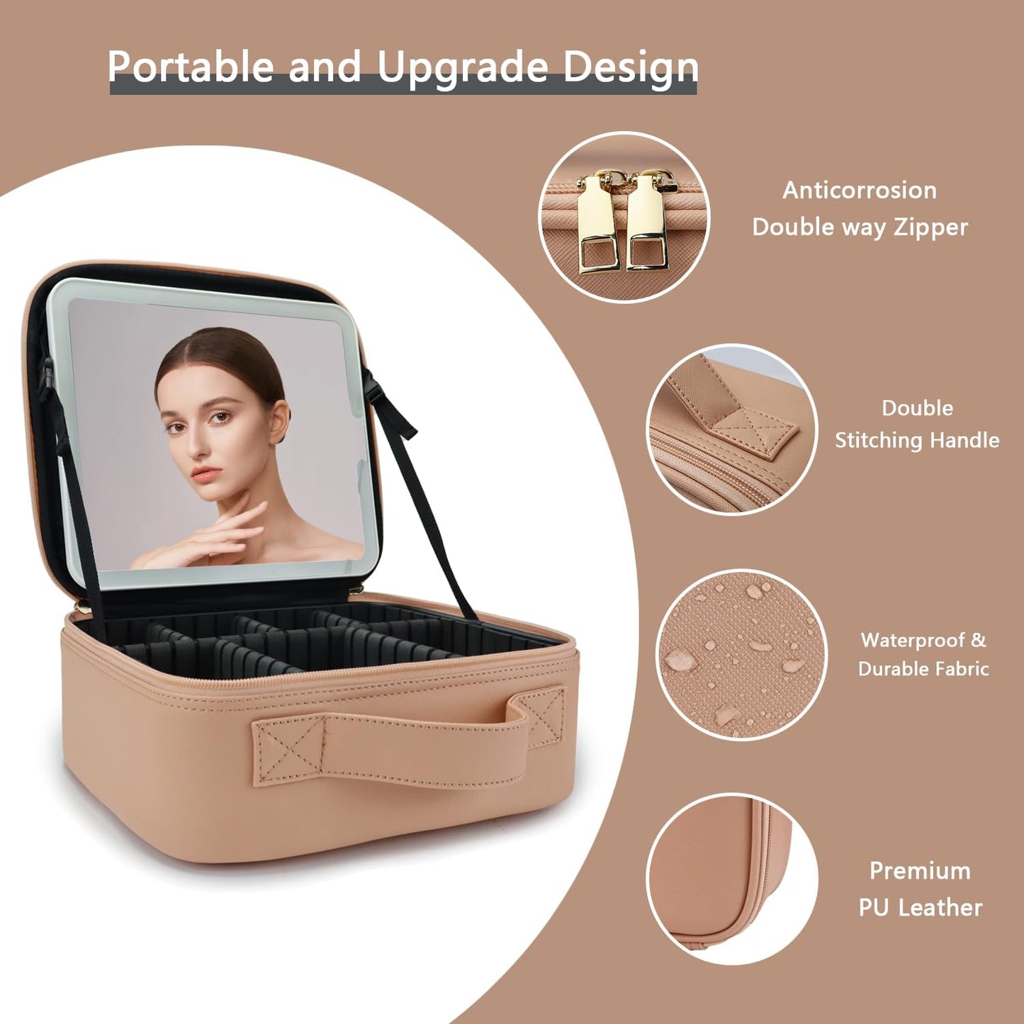 Makeup Bag with Led Mirror,Travel Makeup Organizer with 3 Color Setting & 10X Magnifying Mirror, Portable Storage and Adjustable Dividers Travel Makeup Bag-khaki