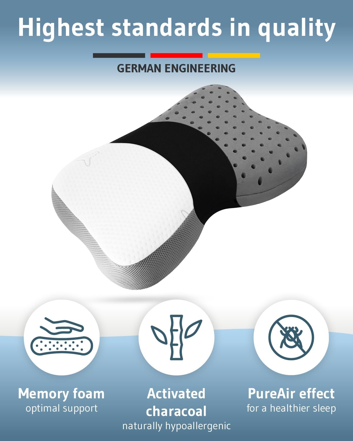 Travel pillow Re-Charge Intense with Activated Charcoal | Orthopedic cervical side sleeper pillow | Ergonomic memory foam against neck pain | Innovative Intense technology for deeper sleep