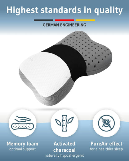 Travel pillow Re-Charge Intense with Activated Charcoal | Orthopedic cervical side sleeper pillow | Ergonomic memory foam against neck pain | Innovative Intense technology for deeper sleep