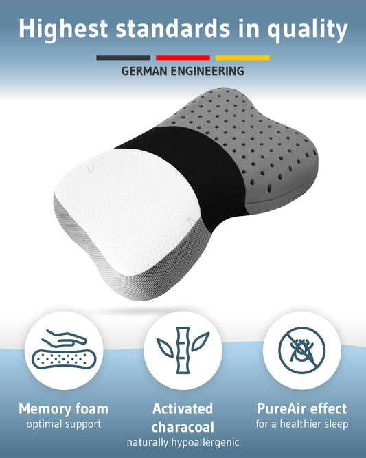 Travel pillow Re-Charge Intense with Activated Charcoal | Orthopedic cervical side sleeper pillow | Ergonomic memory foam against neck pain | Innovative Intense technology for deeper sleep
