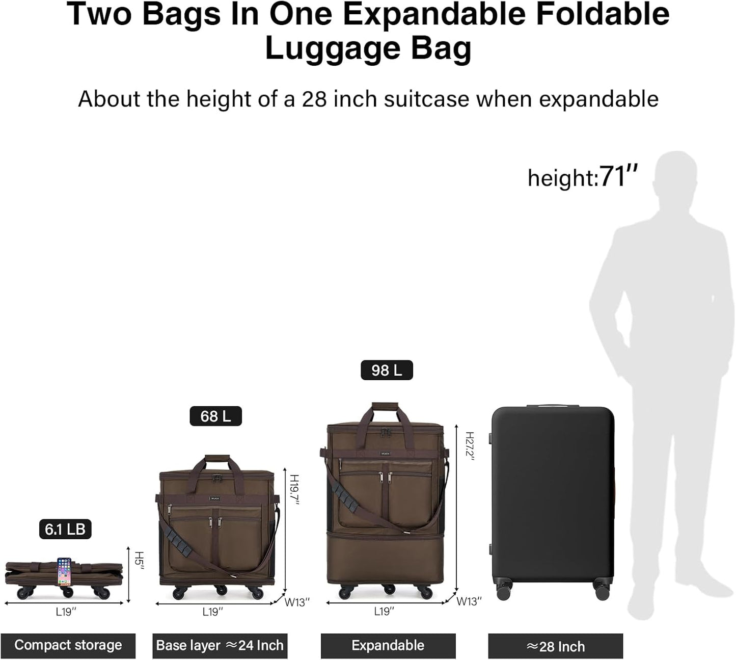 MILADA Expandable Luggage Bags for Travel Foldable Suitcase with Wheels Collapsible Rolling Travel Duffle Bag Lightweight Large Suitcases without Telescoping Handle, Coffee