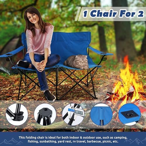 HaSteeL Folding Camping Chair, Double Seat Foldable Camp Chair for 2 Persons, Portable & Large for Outdoor Fishing, Hiking, Travel, Picnic, Beach, Lawn, Patio, Include Storage Bag (Blue)