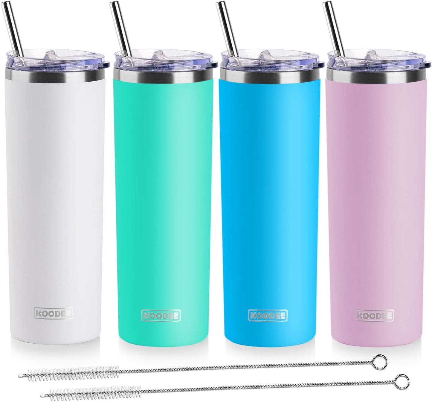 koodee 20 oz Tumbler with Lid and Straw -4 Pack Insulated Skinny Tumblers Stainless Steel Double Wall Water Cup (White/Teal/Sky Blue/Baby Pink)