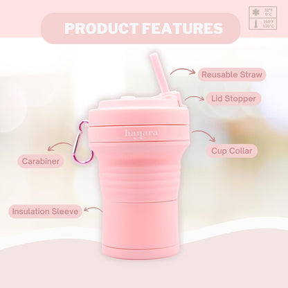 HANARA Collapsible Cup with Reusable Straw – 18 Oz (550 Ml), Portable Travel Mug, BPA-Free, Leak-Proof, Microwave & Dishwasher Safe, Multi-Purpose for Hot & Cold Drinks – Pink