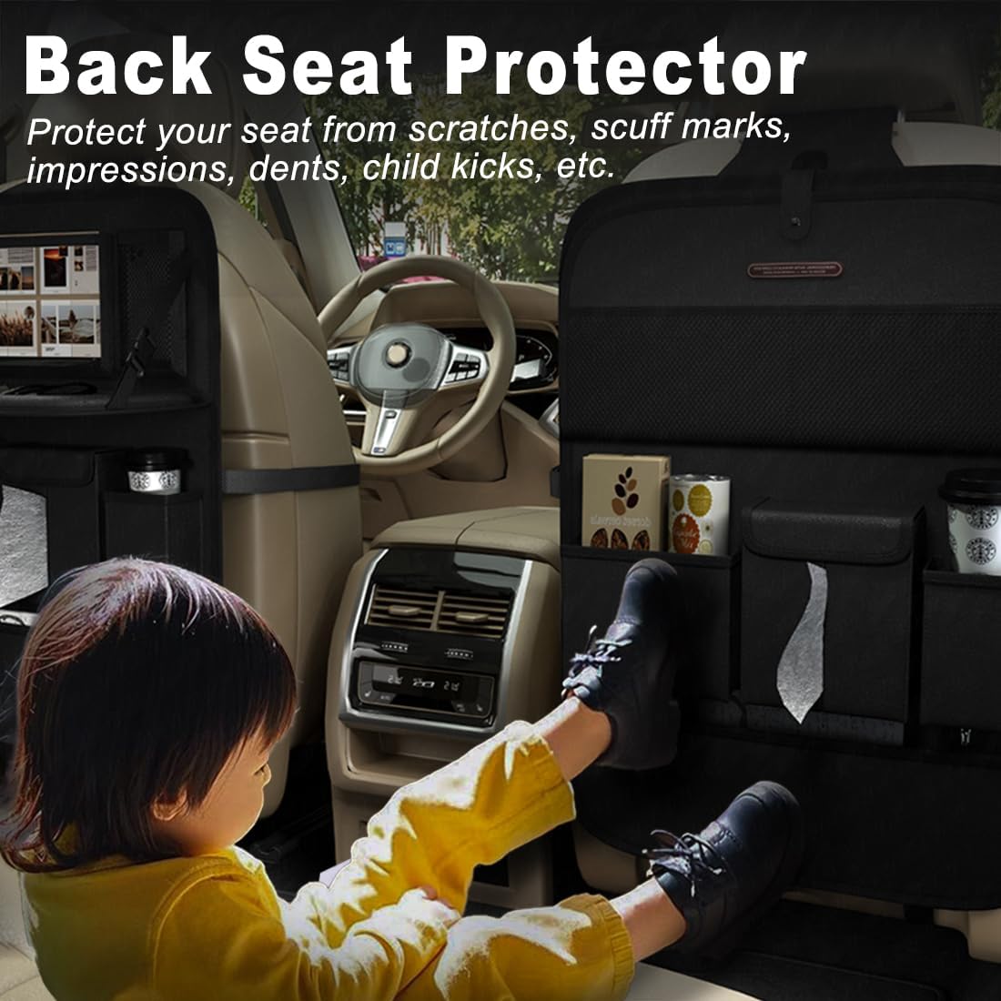 Car Seat Organizers,Multi-functional Back Seat Protectors, Storage Pouches, and Tray Holders (for Cars, Kids, Seat Back and Rear Seats) (Plain Black, 1 Pcs)