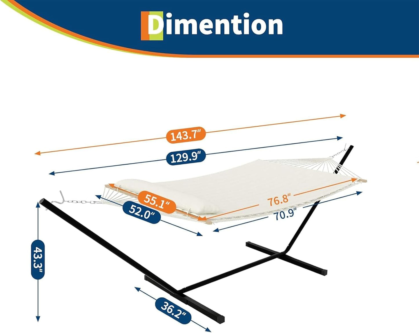 Double Hammock with Stand for 2 Persons Outdoor,Heavy Duty 450lb Capacity,with Portable Steel Frame,Cotton Rope,Polyester Pad and Carry Bag,Perfect for Garden Camping Beach Backyard Patio