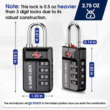 SURE LOCK TSA Approved 4-Digit Resettable Combination Luggage Locks with Open Alert, Easy-Read Dials - for Luggage, School Lockers, Gym, Office, Toolbox & Security Cases (Black 2 Pack)