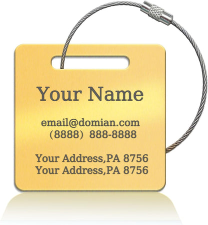 （2-Pack） Stainless Steel Custom Luggage Tags - Laser Engraved Personalized Travel Tags - Custom Name Identification Tags: for Suitcases, Backpacks, Bags and More (Gold)