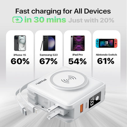 PWR Travel PRO 5-in-1 Power Bank – 10,000mAh with Built-in Cables – 20W USB-C + 15W Wireless Charging – Compact Portable Charger for iPhone & Android - White