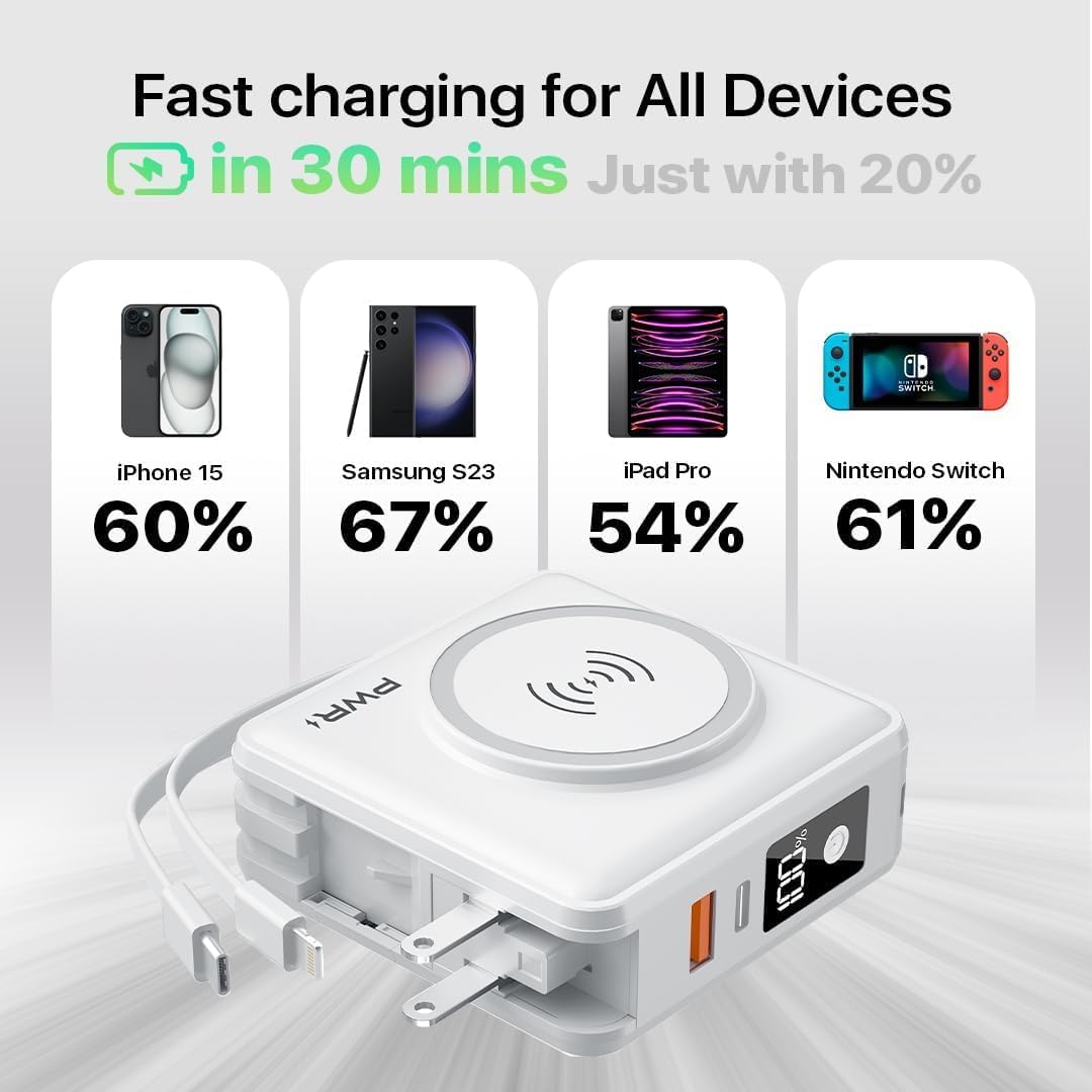 PWR Travel PRO 5-in-1 Power Bank with Case Included – 10,000mAh with Built-in Cables – 20W USB-C + 15W Wireless Charging – Compact Portable Charger for iPhone & Android - White