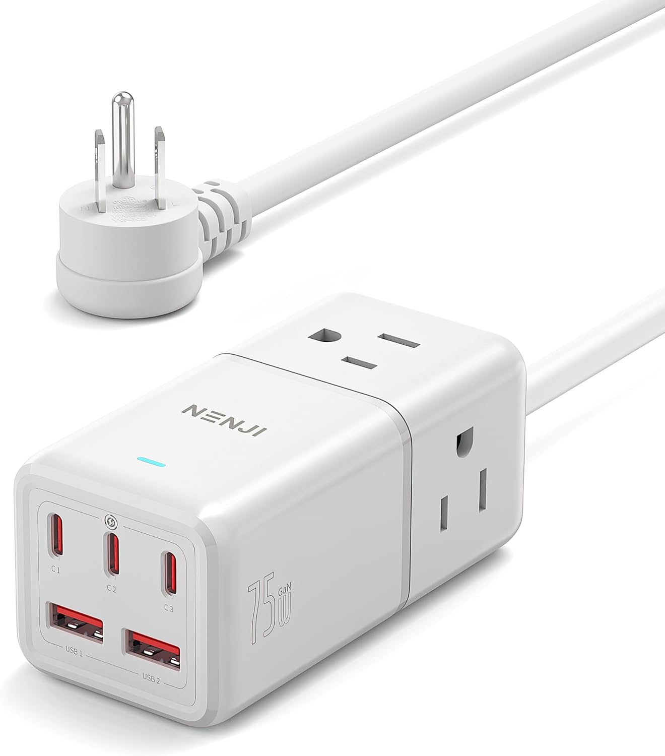 NENJI 75W GaN USB-C Super Fast Charging Station, 8-in-1 Power Strip with 5 USB & 3 AC Ports, Smart Charging, Fast PD Charger for iPhone, Samsung, iPad, MacBook – Desktop & Travel-Friendly – White