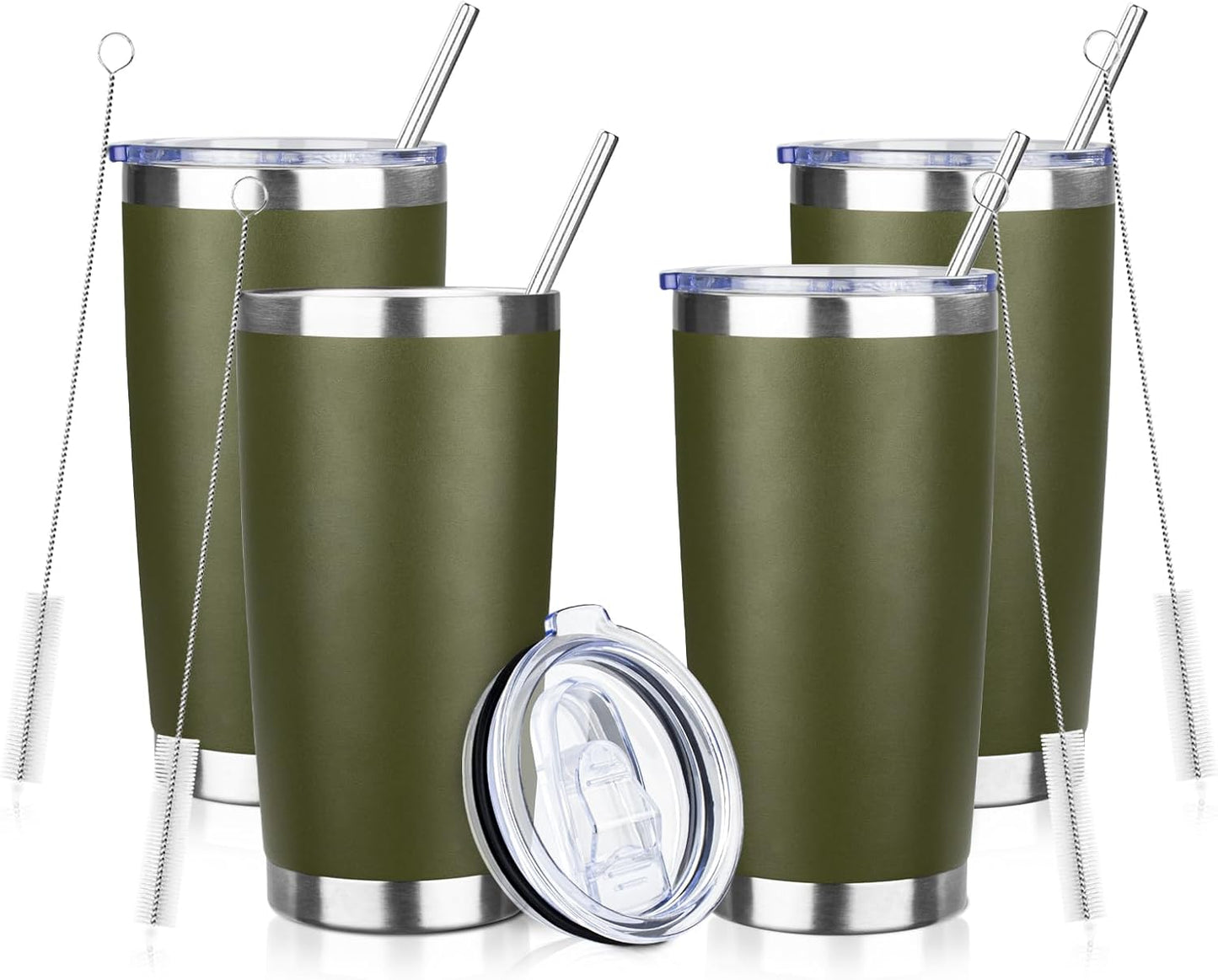 20oz Tumbler with Straw and Brush, Stainless Steel Vacuum Insulated tumbler, Double Wall Insulated Coffee Tumbler for Outdoor, Home, Travel,Office (Army Green,4pcs)