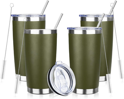 20oz Tumbler with Straw and Brush, Stainless Steel Vacuum Insulated tumbler, Double Wall Insulated Coffee Tumbler for Outdoor, Home, Travel,Office (Army Green,4pcs)