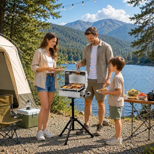 Tabletop Gas Griddle with Foldable Tripod, Stainless Steel Grill