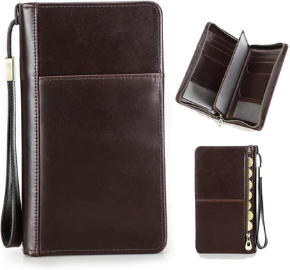 CONTACTS Travel Passport Wallet for Men Leather Family Passport Holder Travel Clutch Wallet Zipper Wrist Card Purse RFID Blocking with 13 Card Slot Fit up 4 Passports