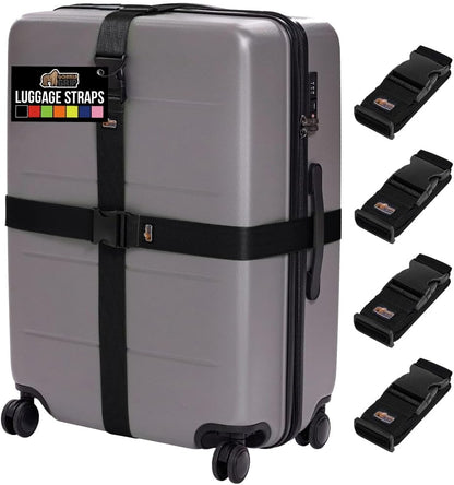 GORILLA GRIP Heavy Duty 4 Pack Adjustable Luggage Straps for Suitcases, Easy to Identify Travel Belt Connector Holds Suitcase Together, Extends Life of Bag, Strap Connects Two Bags, Accessories, Black