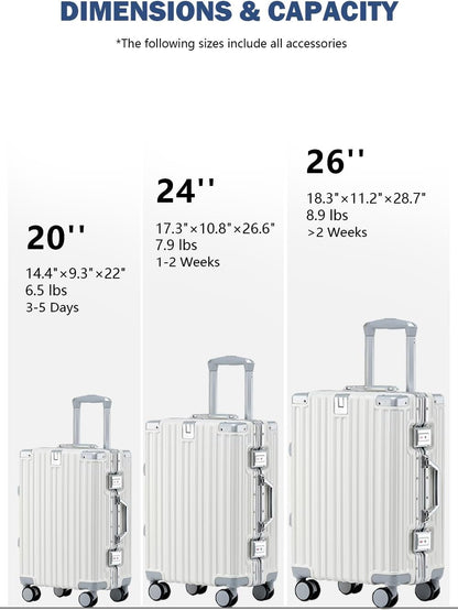 HotWay 26 Inch Aluminum Frame Luggage with Spinner Wheels, PC Hard Shell Suitcase with Cup Holder, Zipperless Luggage for Business Travel, White