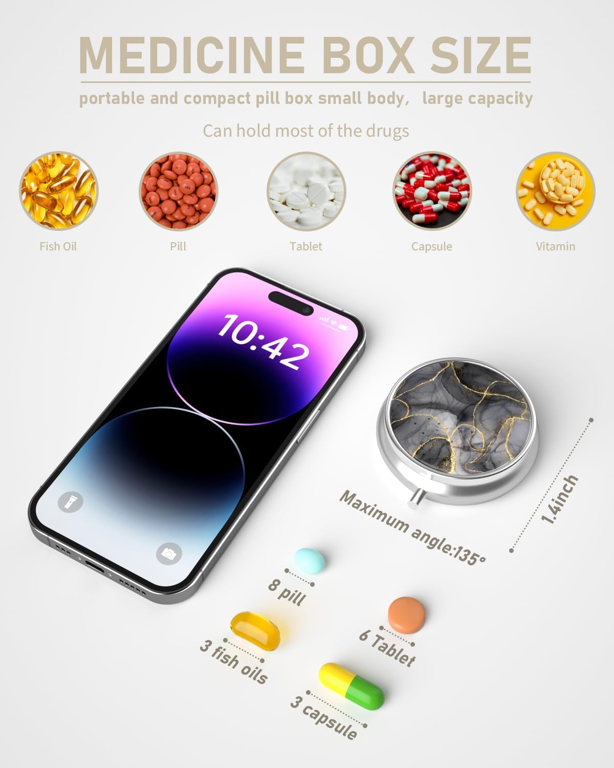 Pill Box, 3 Compartment Portable Travel Medicine Box with Mirror, Compact and Cute, Fits in Purse and Pocket, Medicine and Vitamin Organizer (Black Gold Marble)