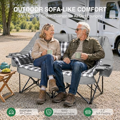 HOPERAN Double Camping Chair 800lbs Camping Couch Folding Loveseat, Grey