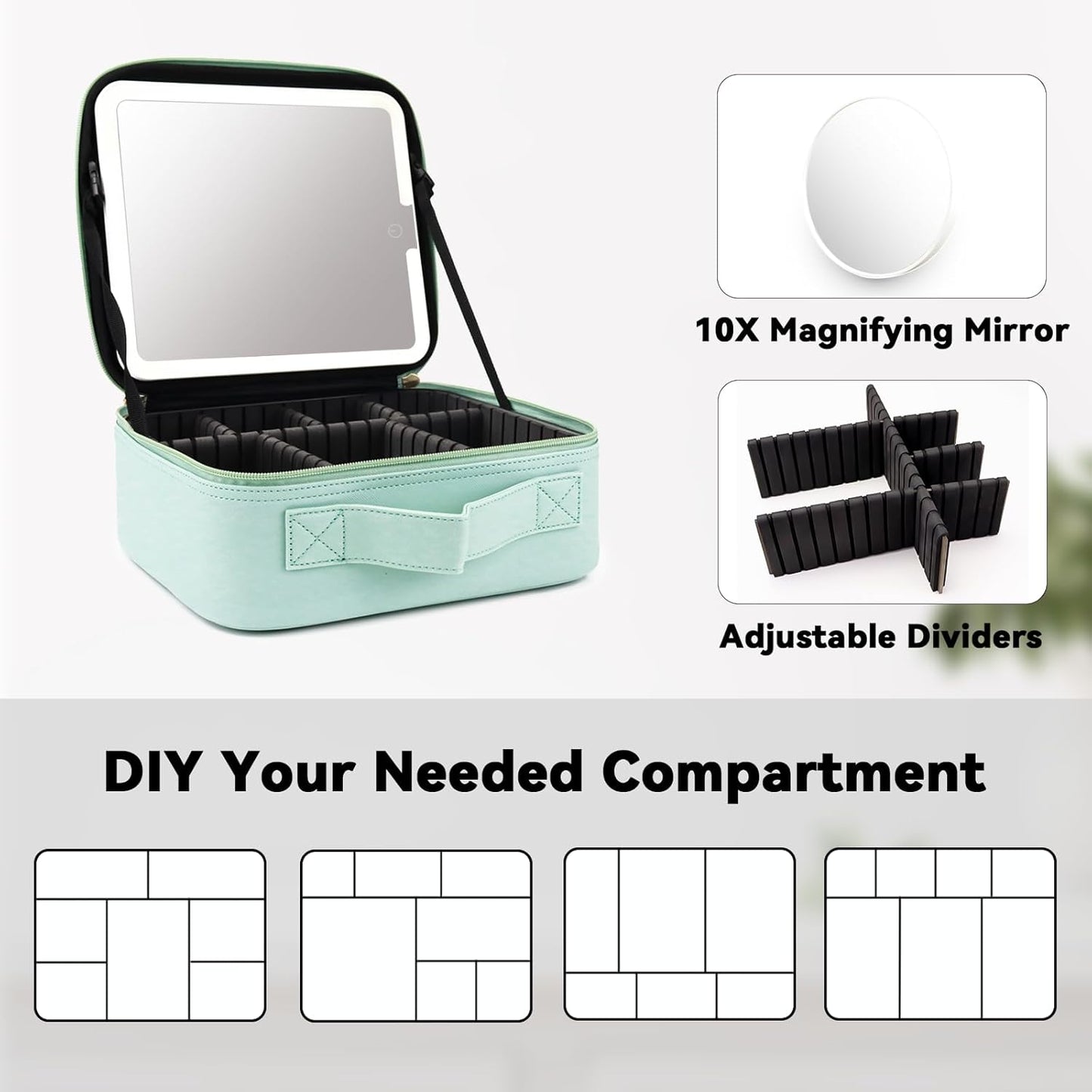Travel Makeup Bag with LED Mirror and 10x magnifying glass with 3 Lighted Settings, Adjustable Dividers and Makeup Brush Storage Bag Light Green