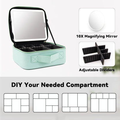 Travel Makeup Bag with LED Mirror and 10x magnifying glass with 3 Lighted Settings, Adjustable Dividers and Makeup Brush Storage Bag Light Green
