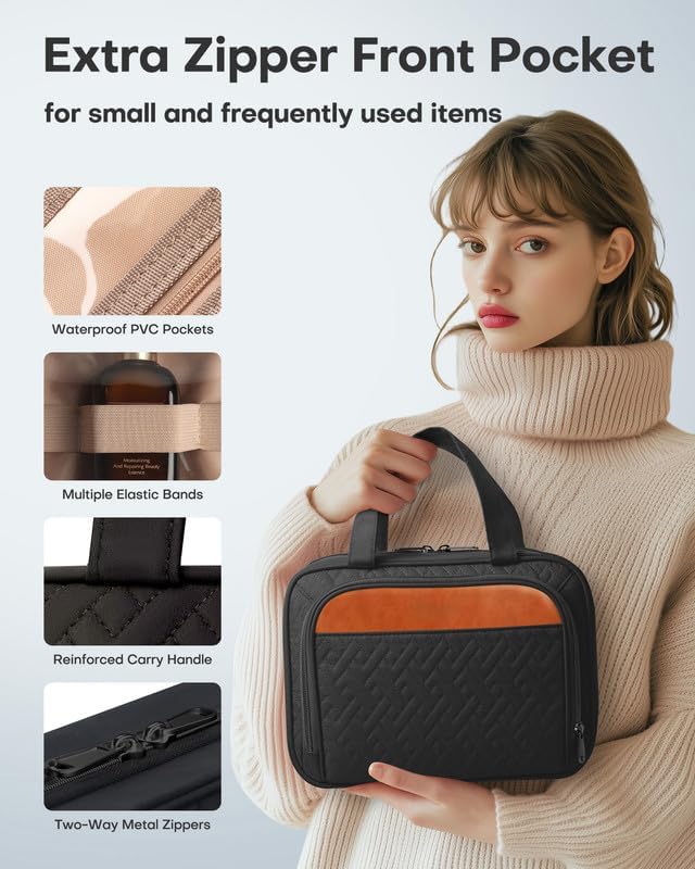 HOTOR Travel Toiletry Bag for Women & Men, Waterproof Makeup Bag with Hanging Hook and Multiple Pockets, Cosmetic Bags for Women, Travel Essentials, 11.2'' x 3.2'' x 8.9'', Black & Brown